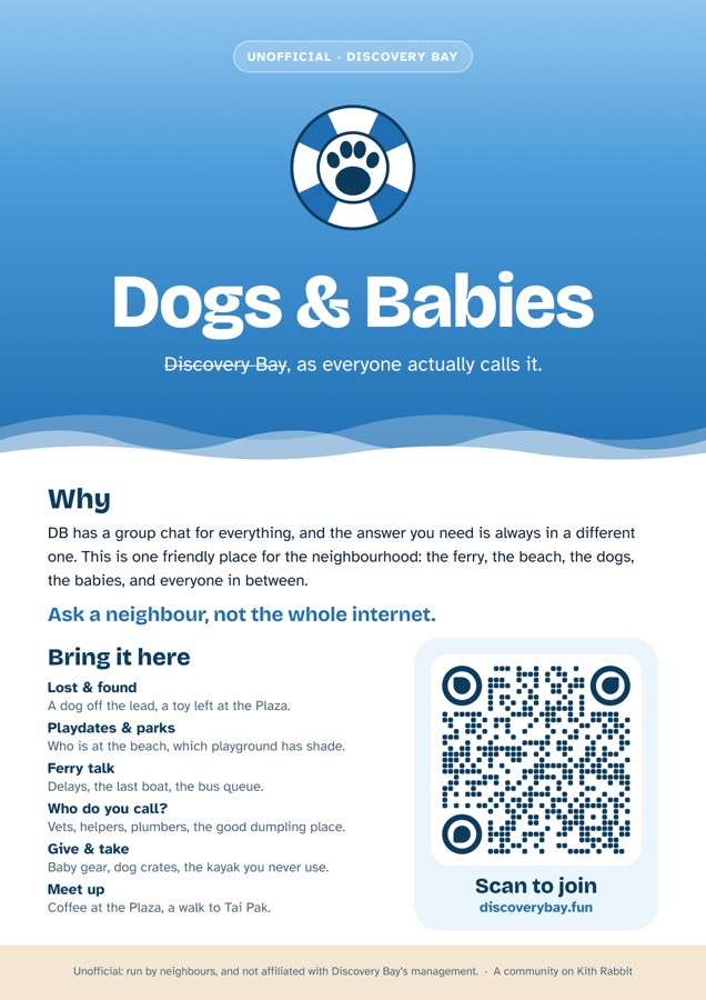 The Dogs & Babies A4 poster: the life ring, why, what to bring, and a QR code to join
